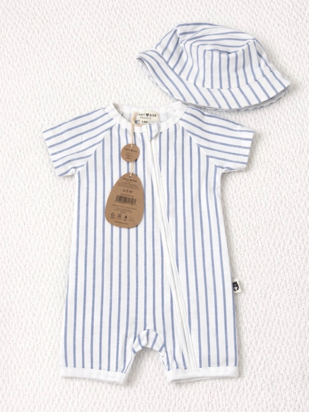 Blue & White Striped Baby Romper with Matching Sun Hat
